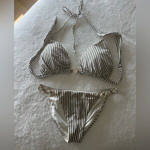 Vix Paula Hermanny Amalfi Stripe Bikini set Halter top D full bottom size S